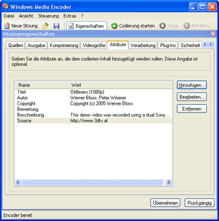 Windows Media Encoder Attributeinstellungen