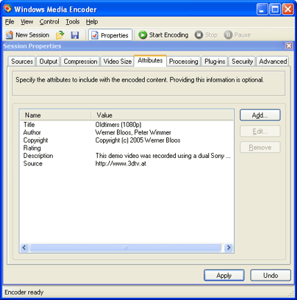 Windows Media Encoder attribute settings