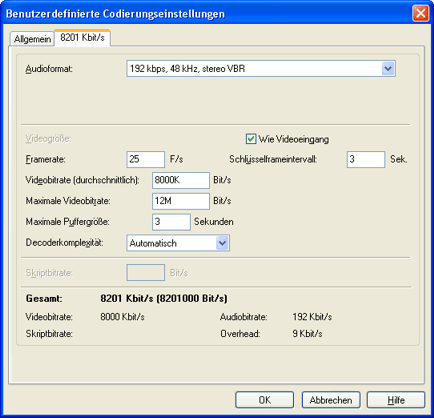 Windows Media Encoder encoding settings