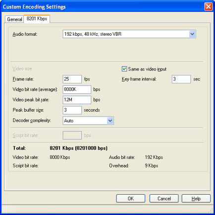 Windows Media Encoder encoding settings