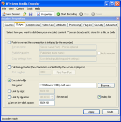 Windows Media Encoder output settings