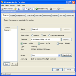 Windows Media Encoder source settings