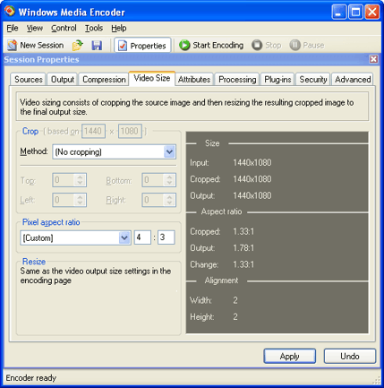 Windows Media Encoder video size settings